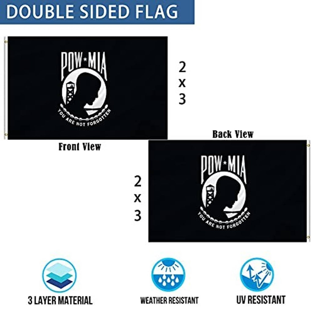 Double-sided POW-MIA flag diagram showing front and back views, 2x3 ft size