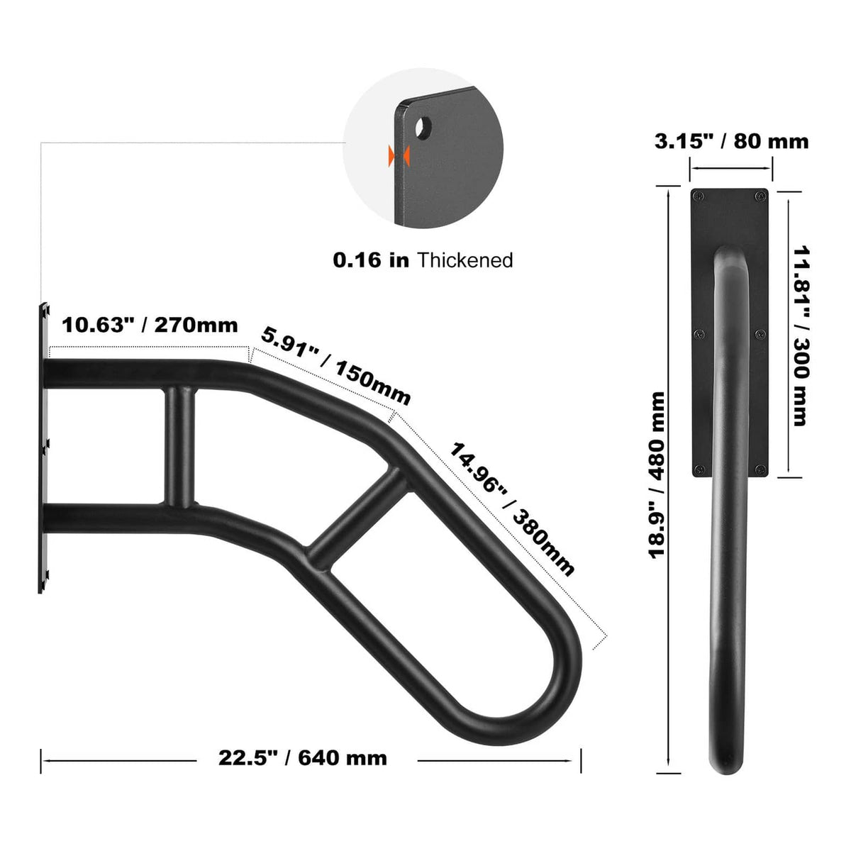 Black C-shaped grab bar with mounting plate and thickness detail