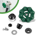 Complete wall hydrant rebuild kit parts: green wheel, metal core, washers, screws