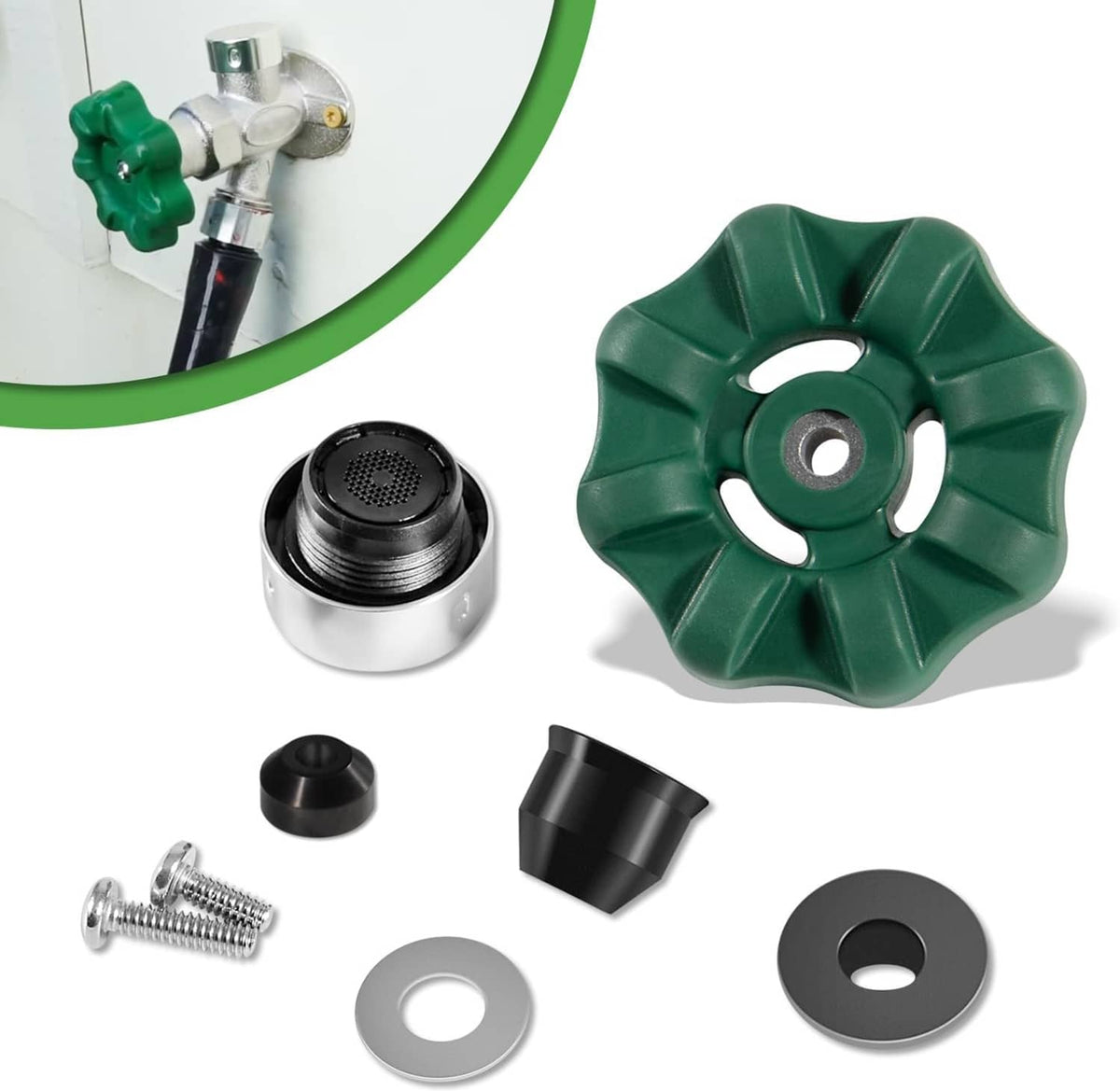 Complete wall hydrant rebuild kit parts: green wheel, metal core, washers, screws