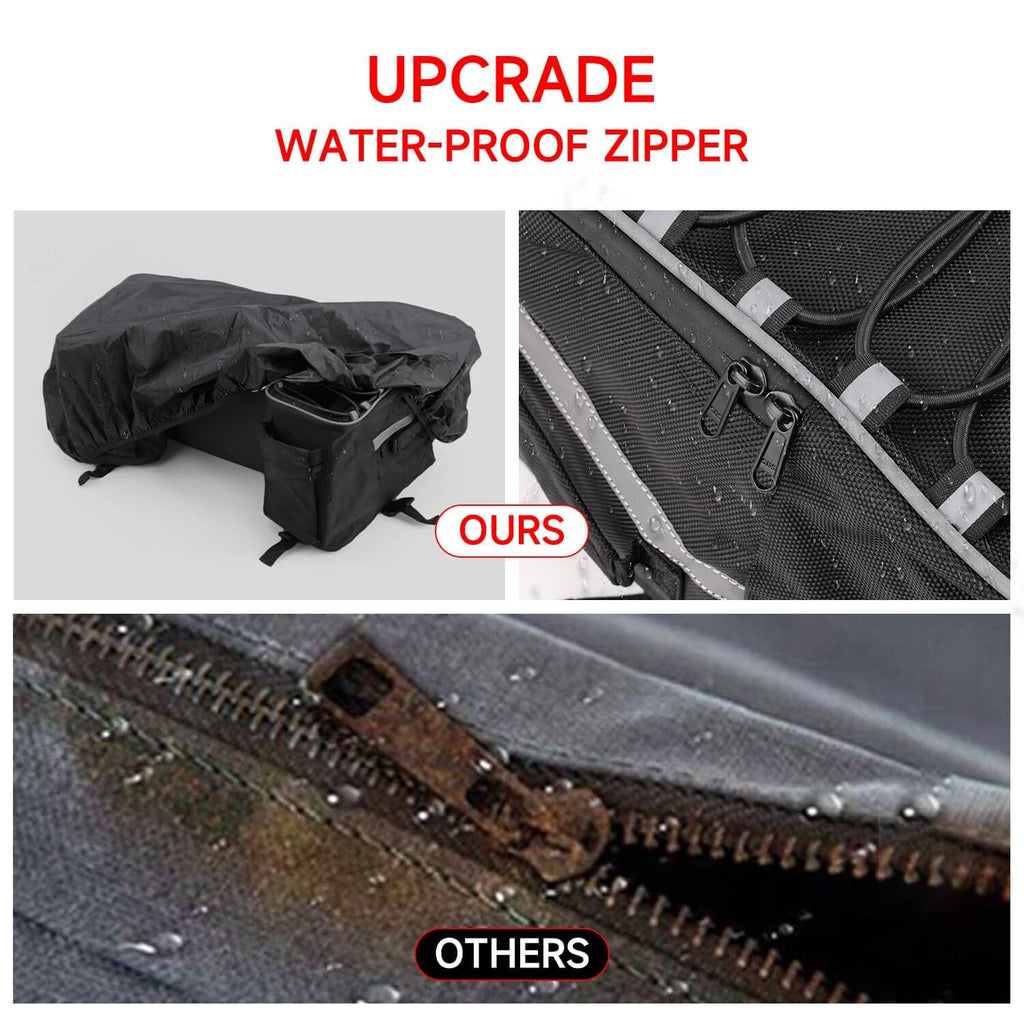 Black ATV rear rack storage bag with reinforced waterproof zipper track