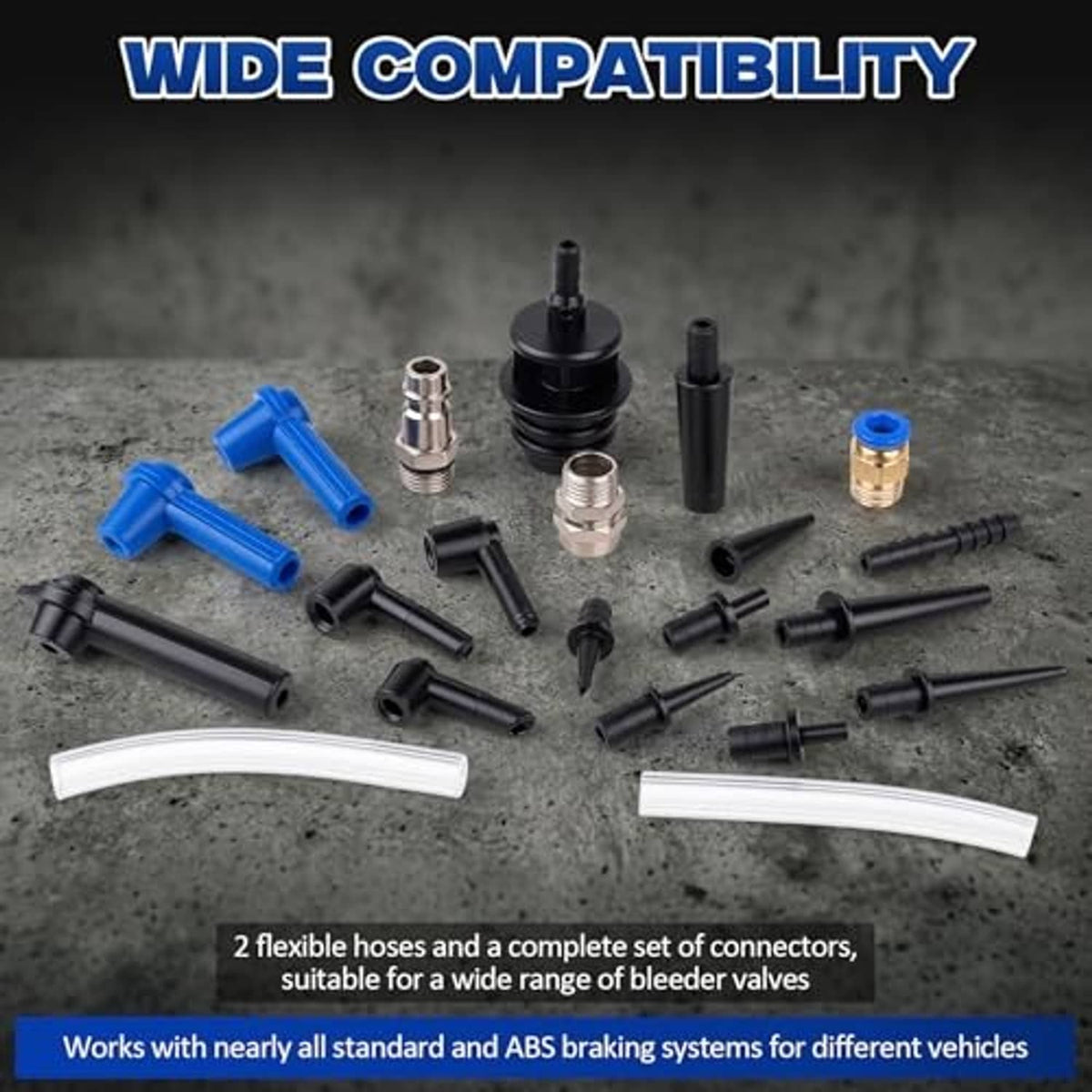 Brake bleeder adapter set with flexible hoses and connectors