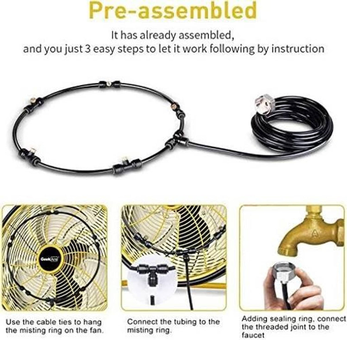 Pre-assembled misting ring system with black tubing and connection fittings