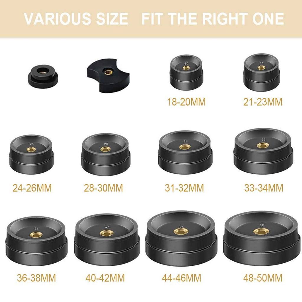Assorted dark gray round watch press dies in multiple sizes