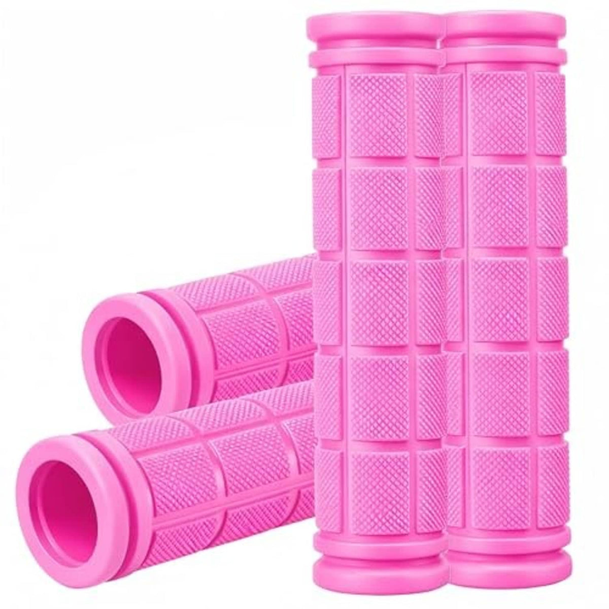 Pair of pink bicycle handlebar grips with raised texture and open round ends