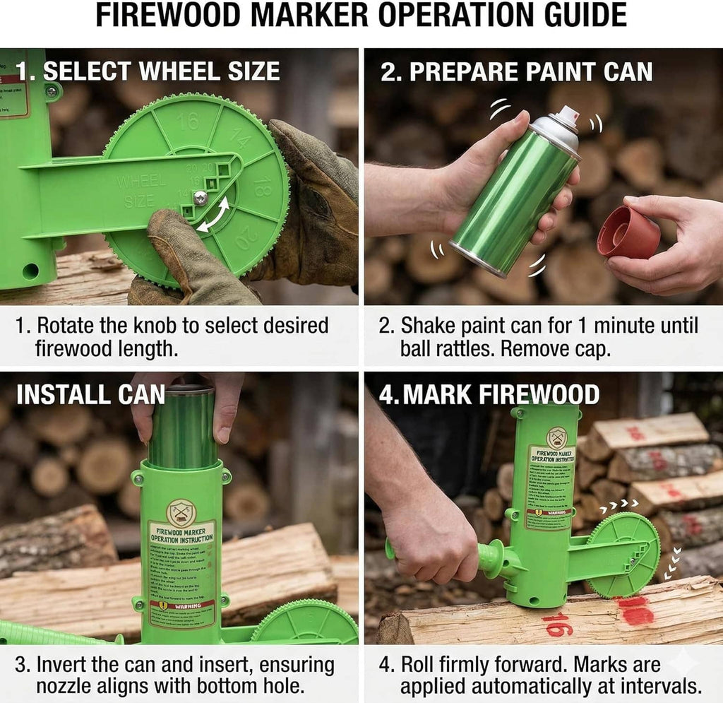 Firewood marker tool with roller wheel and paint can parts for operating instructions