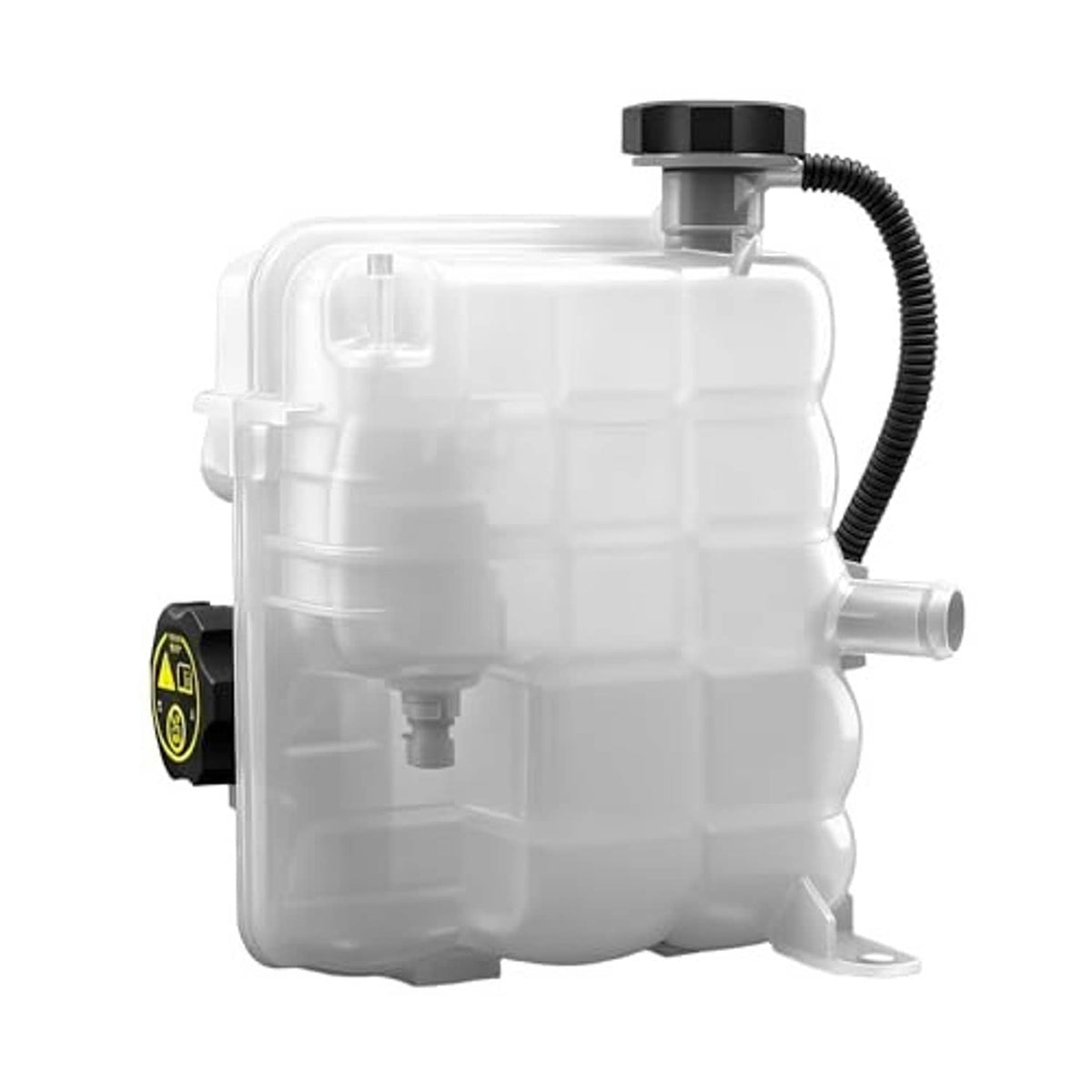 Radiator surge tank coolant reservoir in white with black cap and attached hose