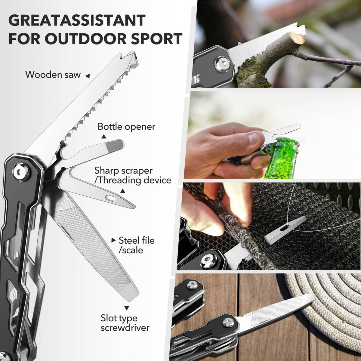 Black stainless folding multitool with saw, bottle opener, scraper and file