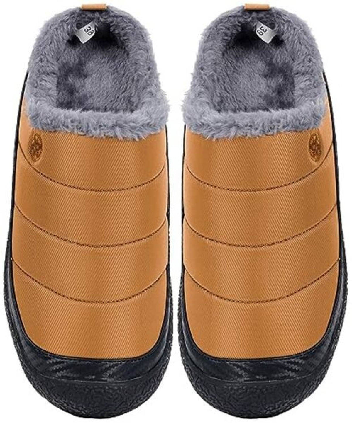 Pair of orange slip-on house slippers with gray fleece lining and black rubber soles