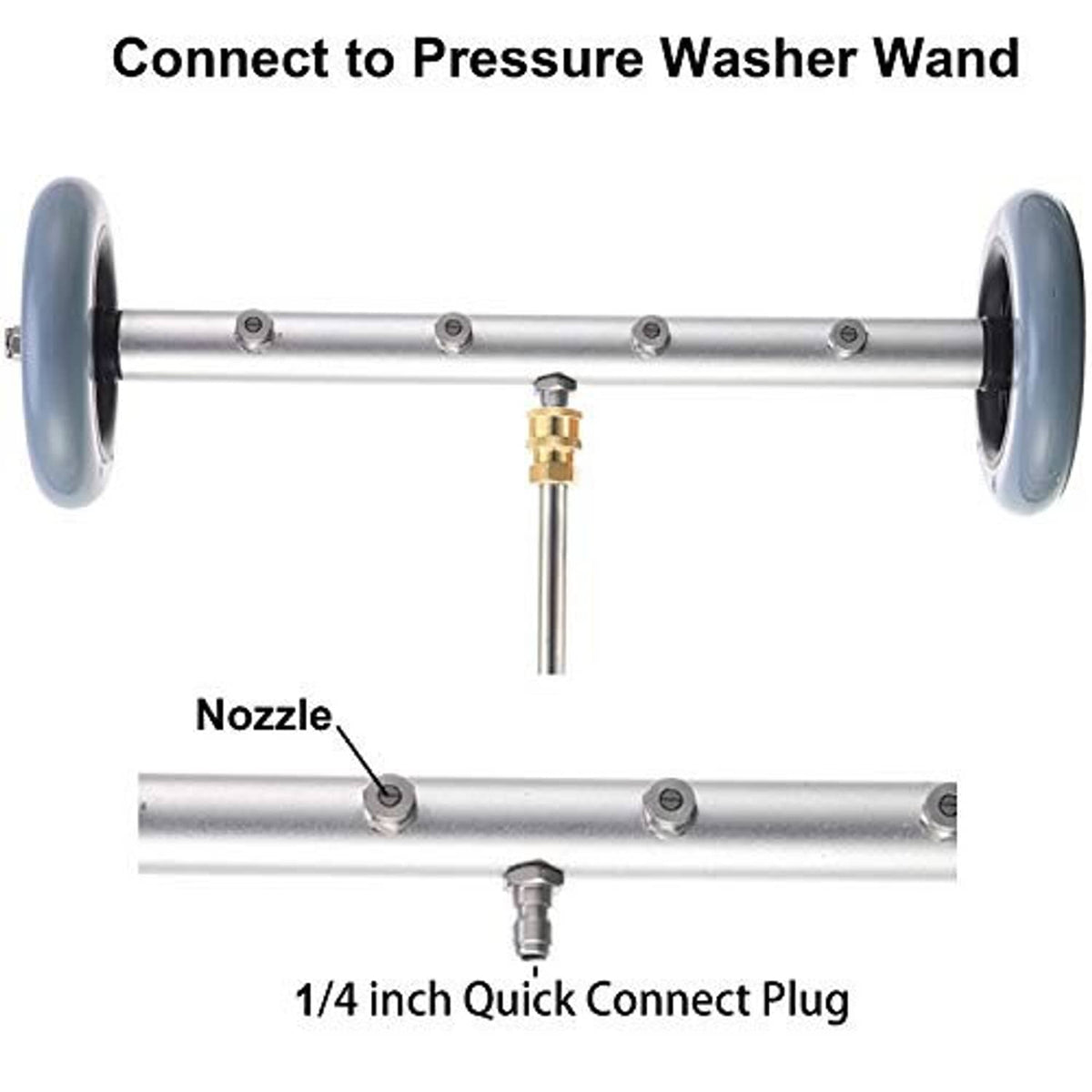Undercarriage cleaner bar with wheels, nozzle, and 1/4 in quick-connect plug