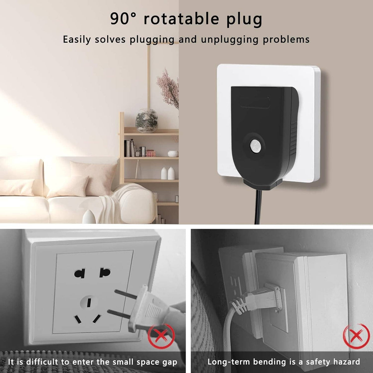Black 2-prong male replacement plug connected to a wall outlet on a long cord