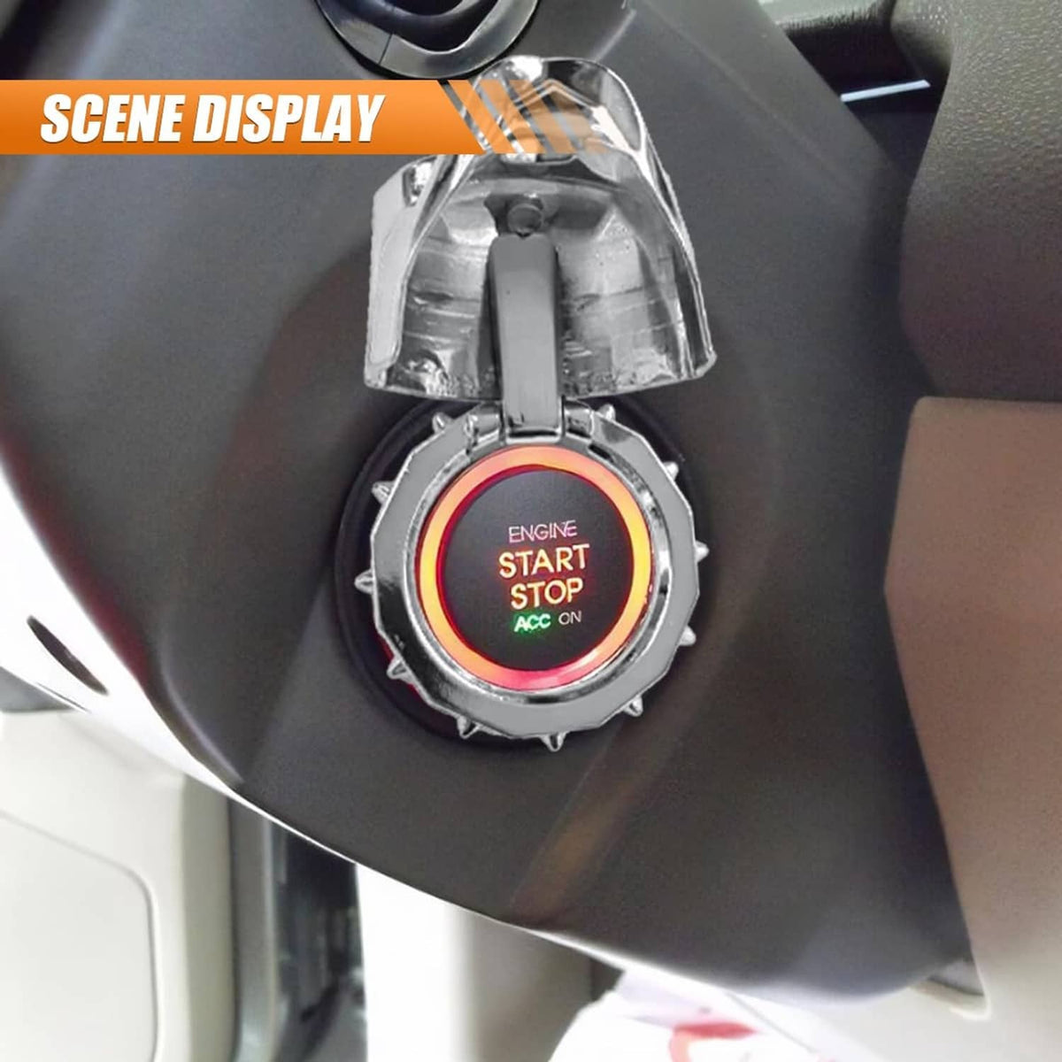 Silver push-start button cover with bulldog face and red engine start ring detail
