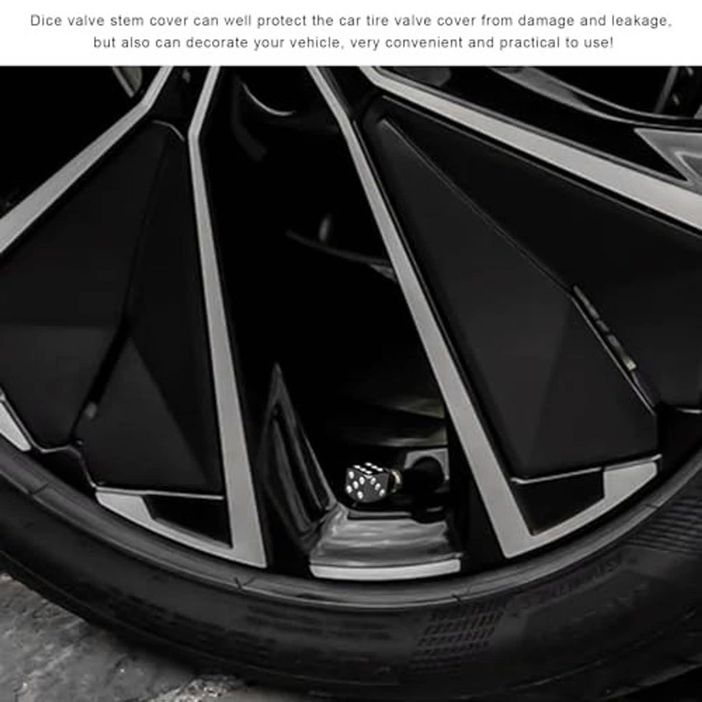 Black dice valve stem cap with silver dot pattern installed on a tire valve