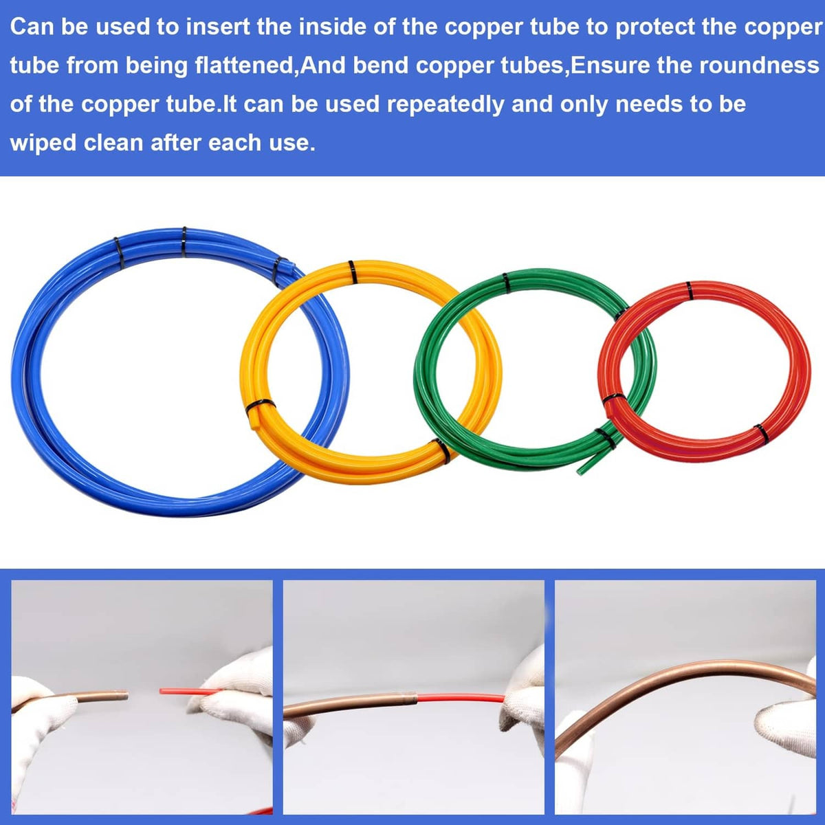 Four coiled PE tubing loops in blue, yellow, green, and red with black ties