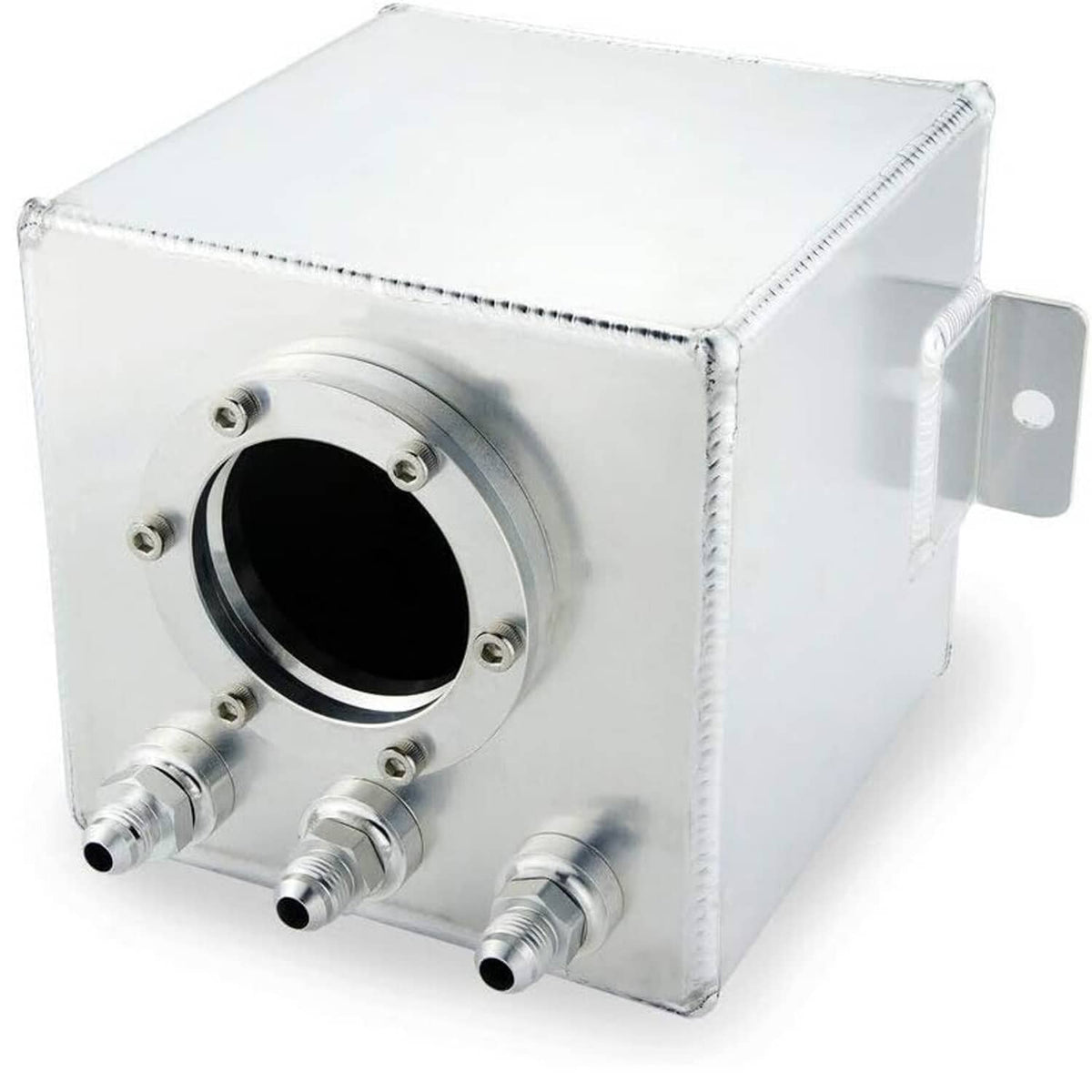 Aluminum fuel surge tank with AN6 fittings and mounting bracket, silver.