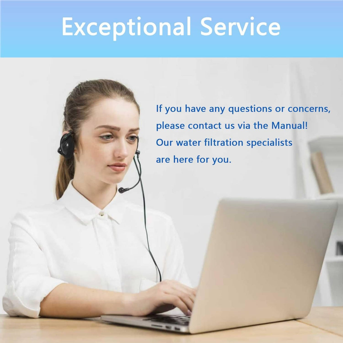 Customer support agent on headset using laptop for filter replacement questions