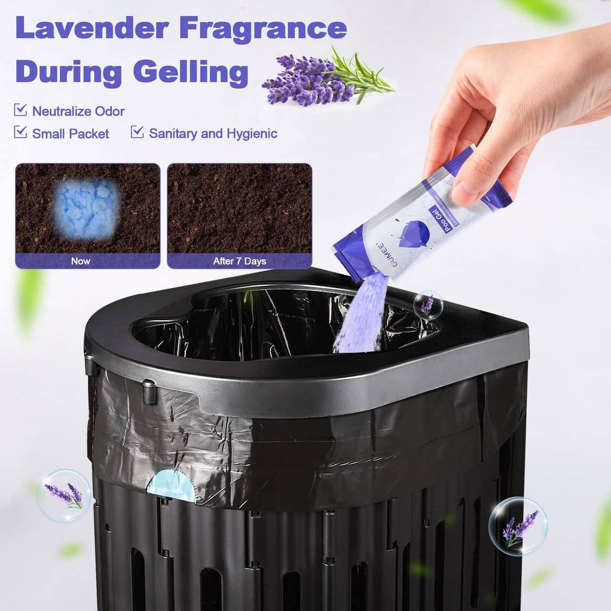 Lavender urine gel packet being poured into a black portable toilet liner