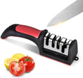 4-in-1 manual knife sharpener with red handle, black base, and metal sharpening slots
