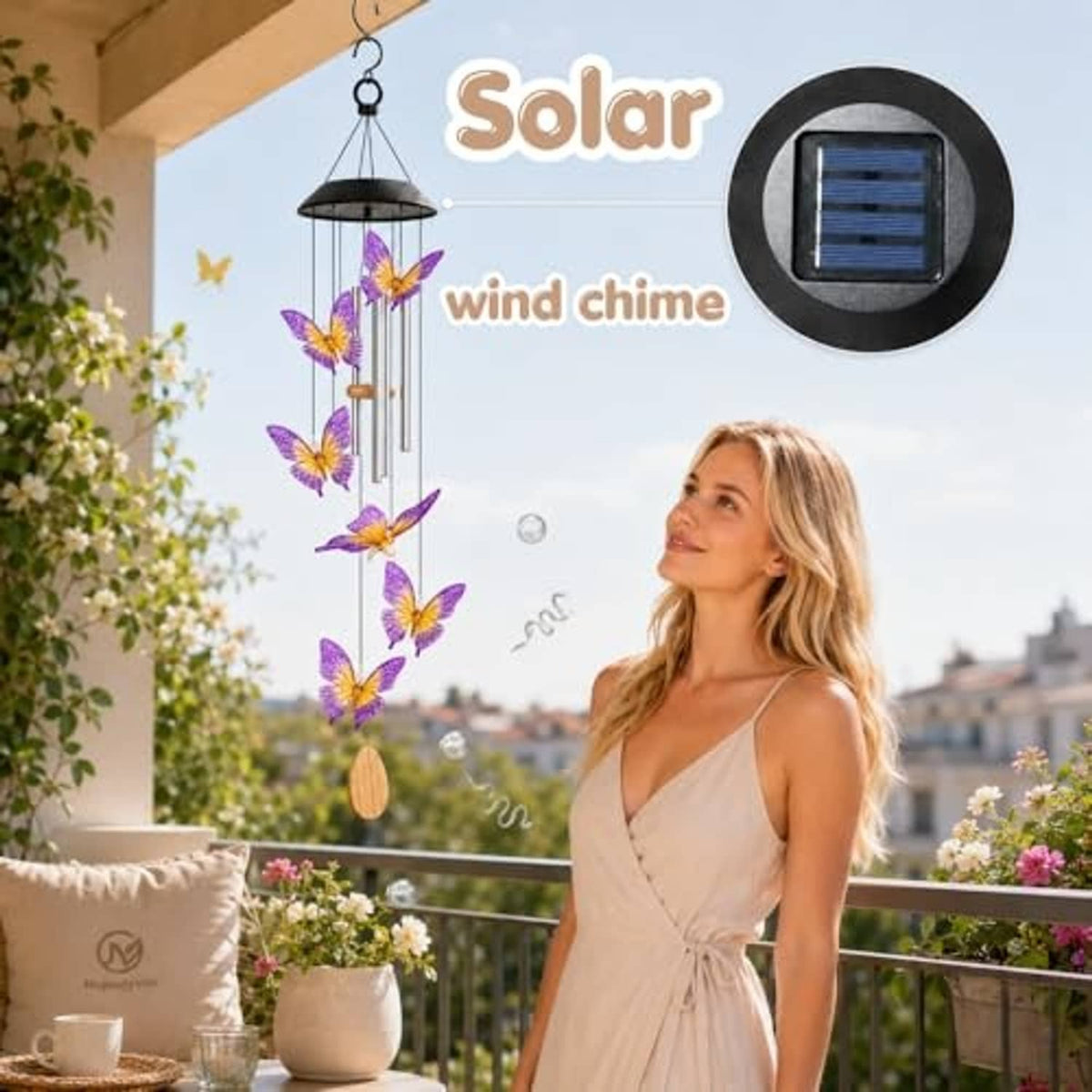 Solar LED butterfly wind chime hanging from a top hook with multicolor glowing tube butterflies