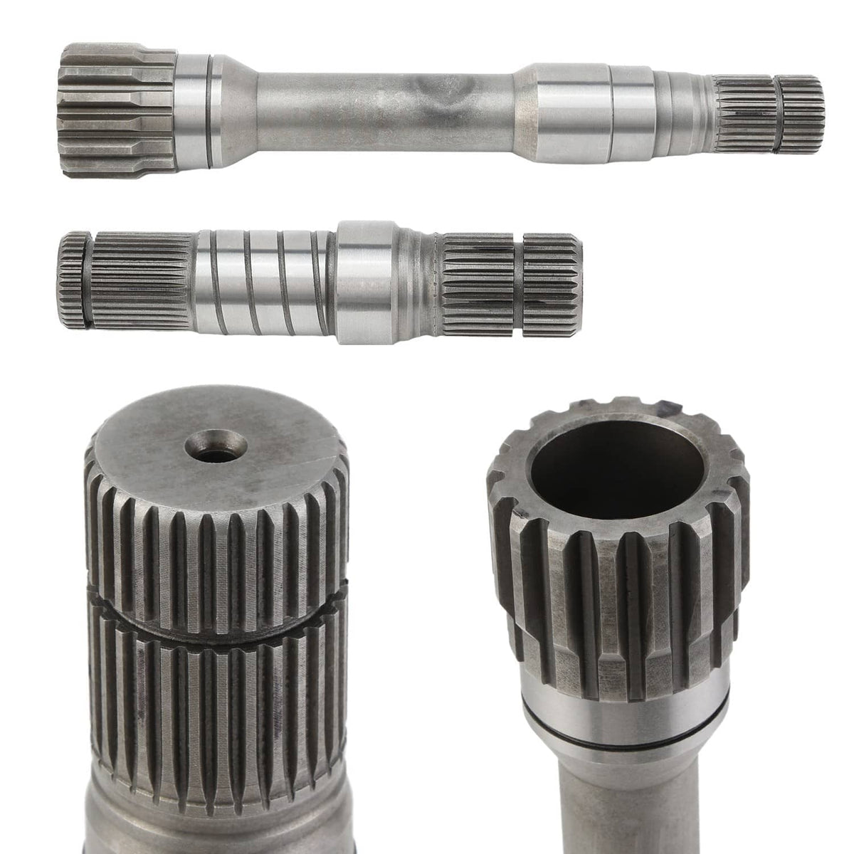 Axle inner shaft kit close-up: splined metal shafts with gear-like ends and ridged section