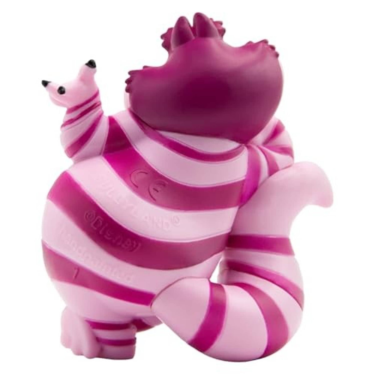 Cheshire Cat toy figurine from side, pink and magenta striped body with clawed paws