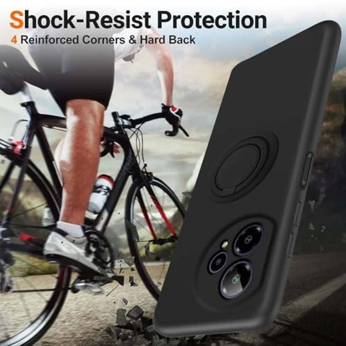 Black shock-resistant phone case with reinforced corners and circular ring holder.