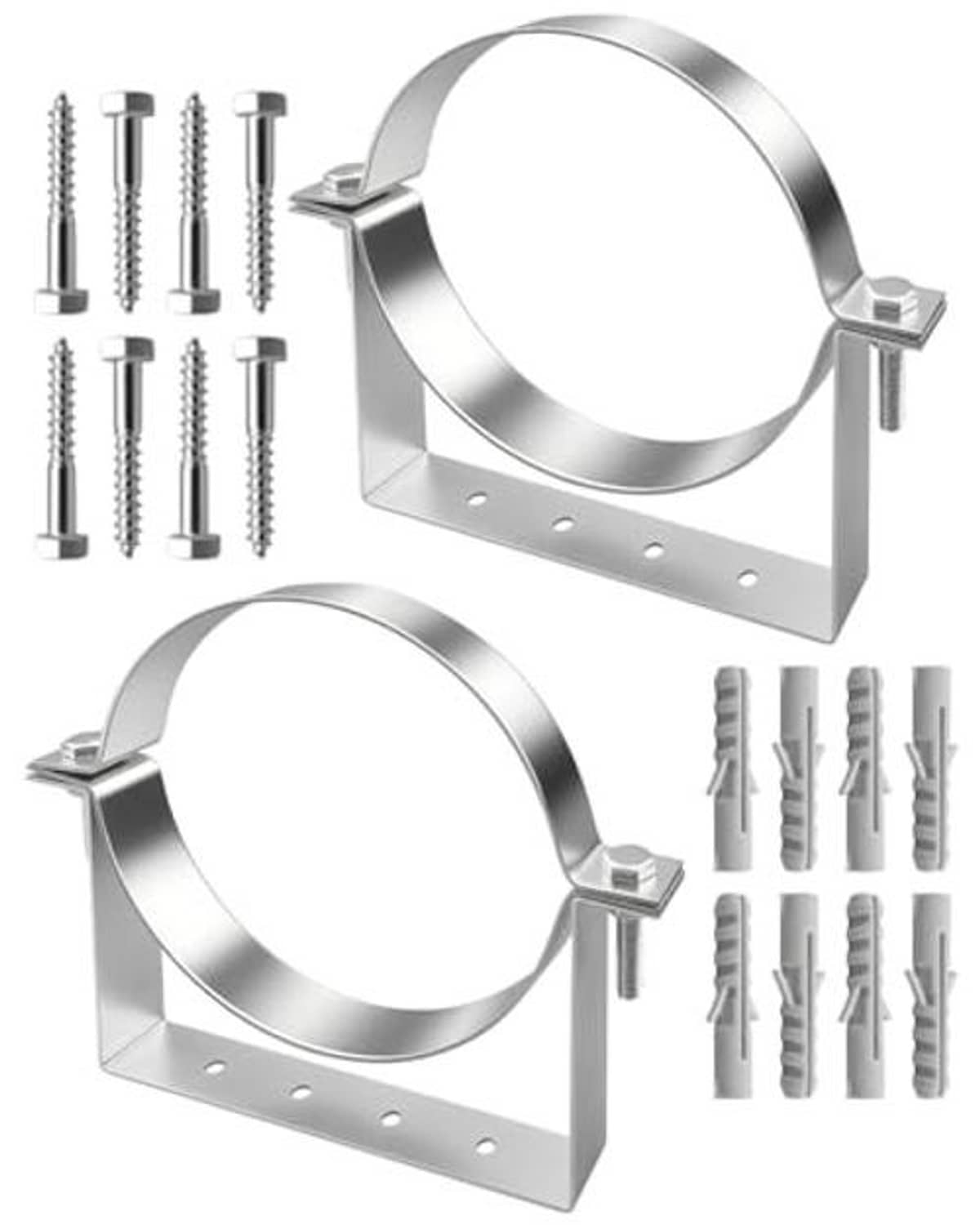 Rigid split-ring vent pipe hanger bracket with screws and split ring clamp, metal