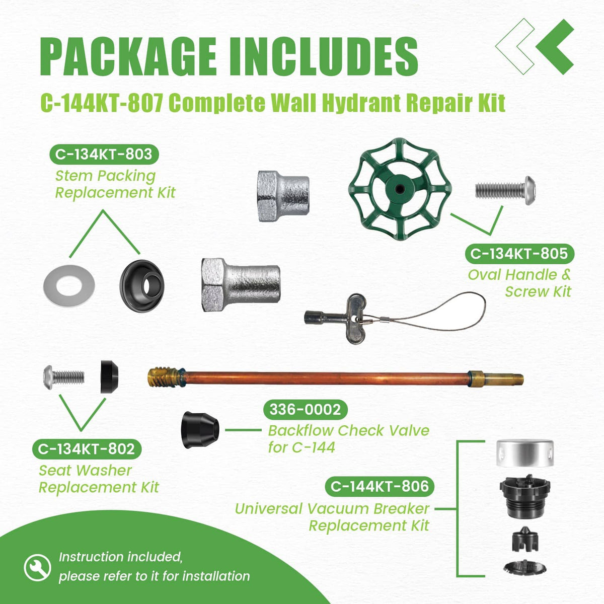 Hydrant faucet repair kit parts layout: valve handle wheel, cap, washers, screws