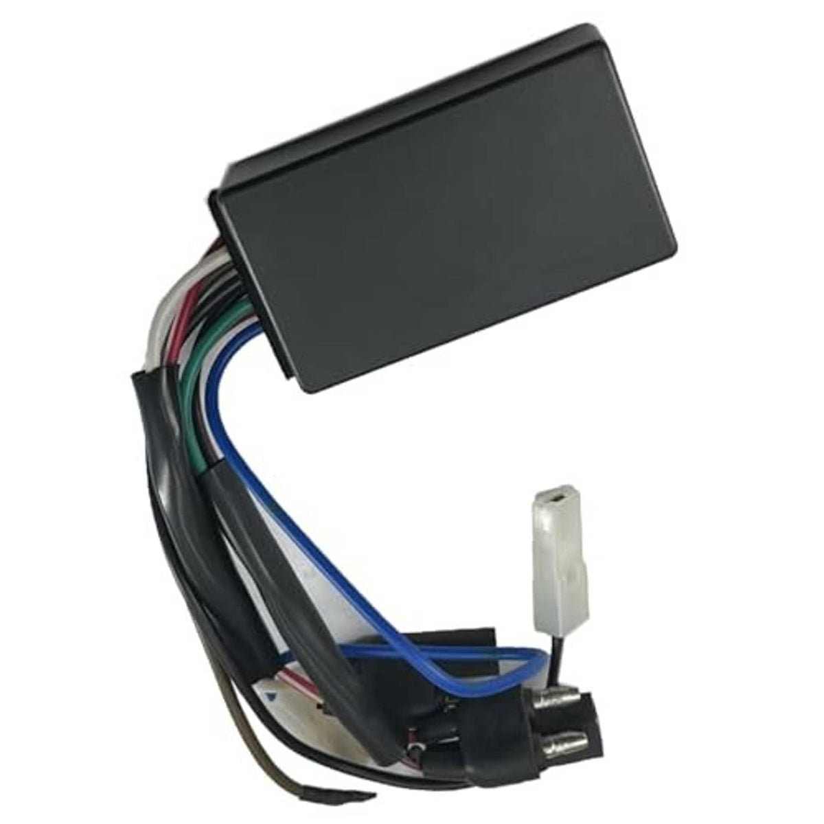 CDI ignition module with angled rectangular black unit and multi-color wire harness