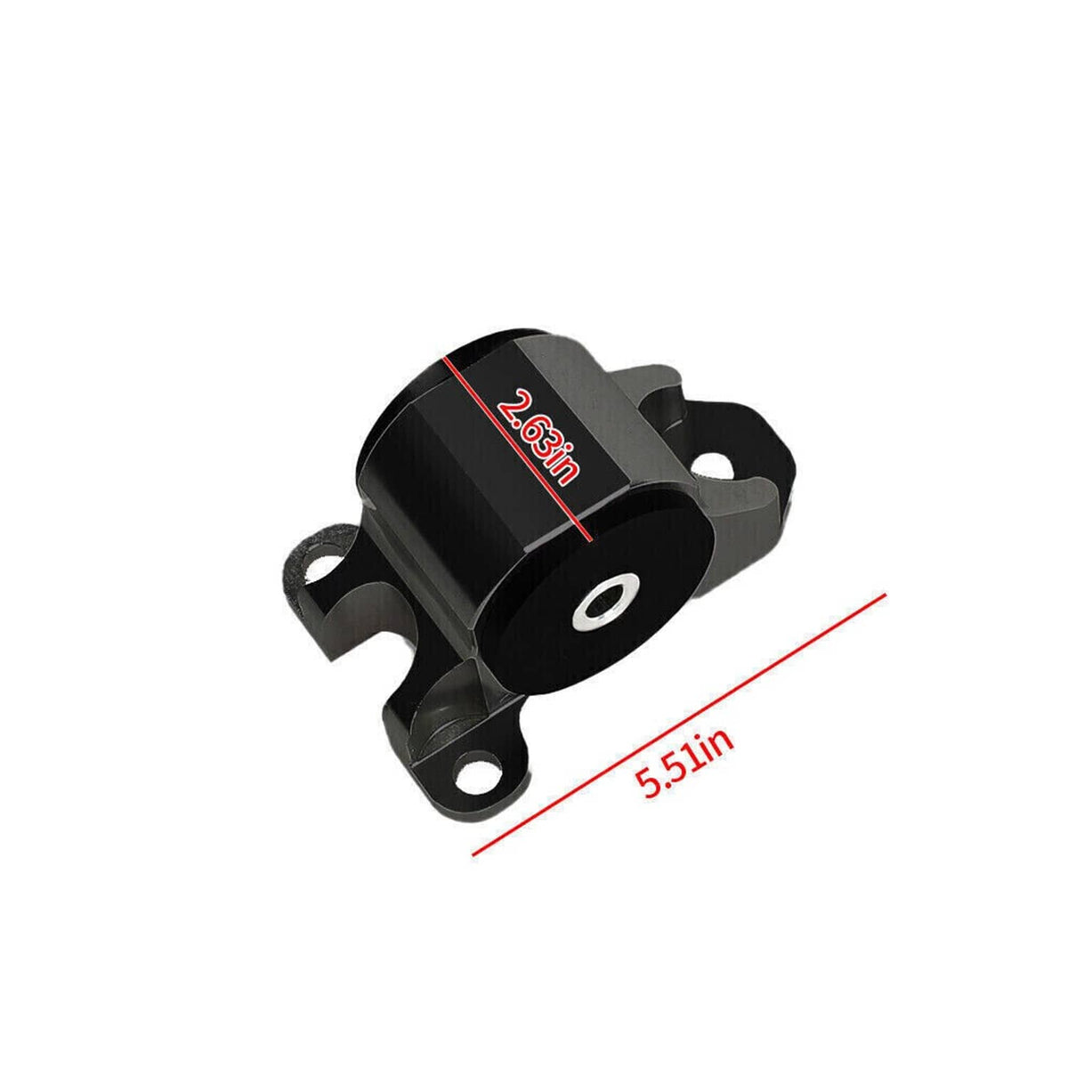 Black engine mount block with circular bushing hole and size indicator markings