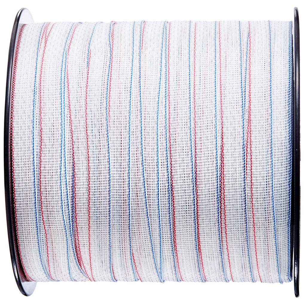 Electric fence tape roll close-up, vertical blue and red stripes on white