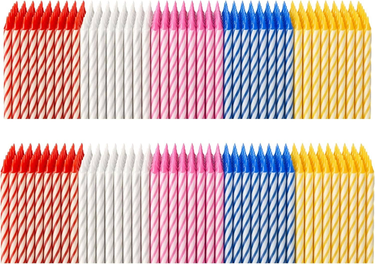 Mixed color striped birthday cake candles in red, white, pink, blue and yellow