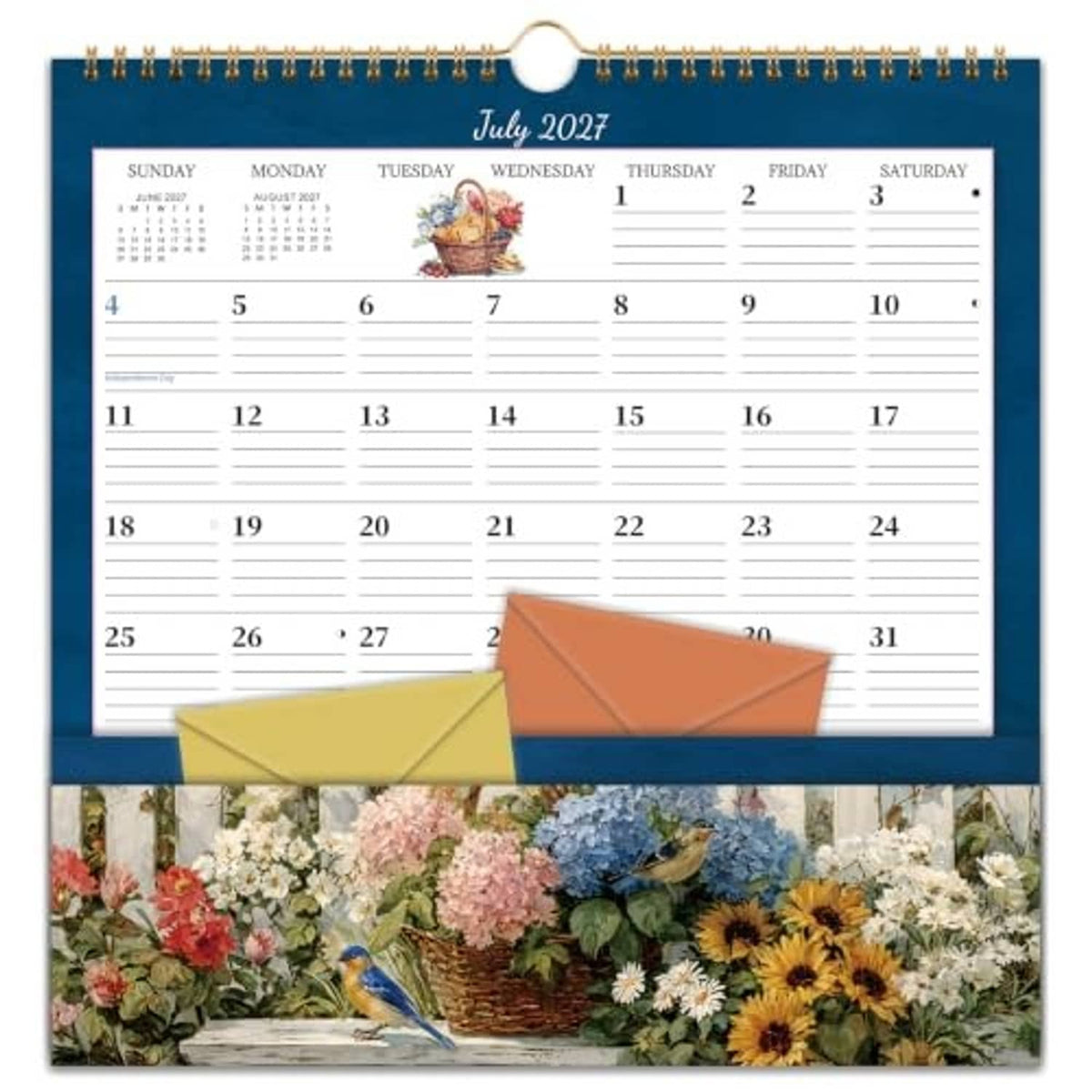 Blue wall calendar with spiral binding, hanging loop, and color pocket envelope sleeves
