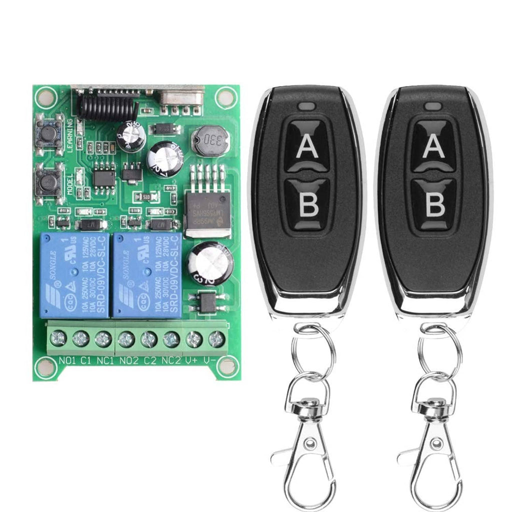 Two-channel wireless remote switch kit with green control PCB and two key fobs