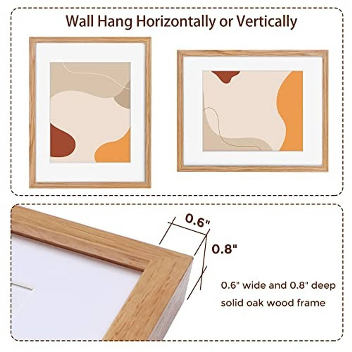 Oak wood 11x14 picture frame for wall hanging, slim profile shown