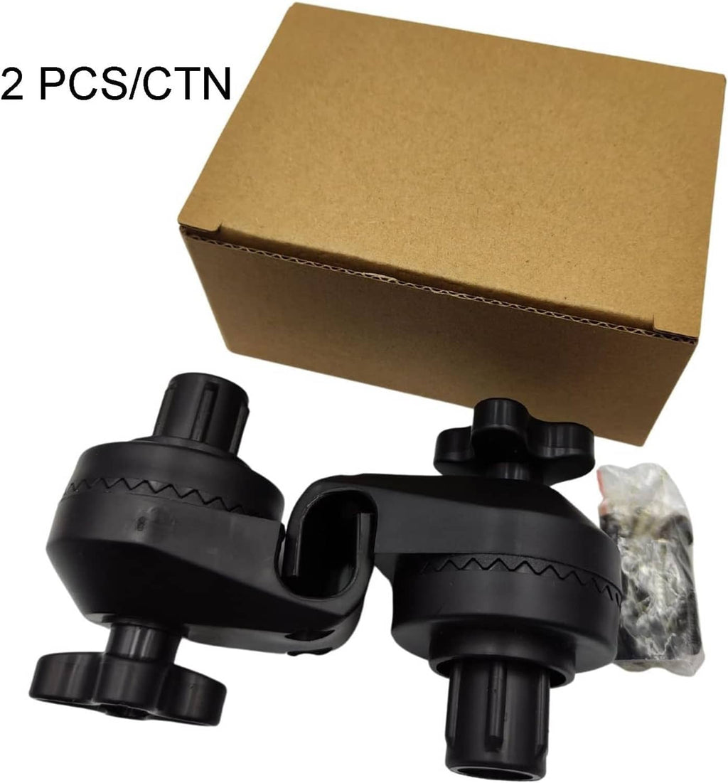 Two black plastic canopy frame connector fittings with screws and packed in cardboard box
