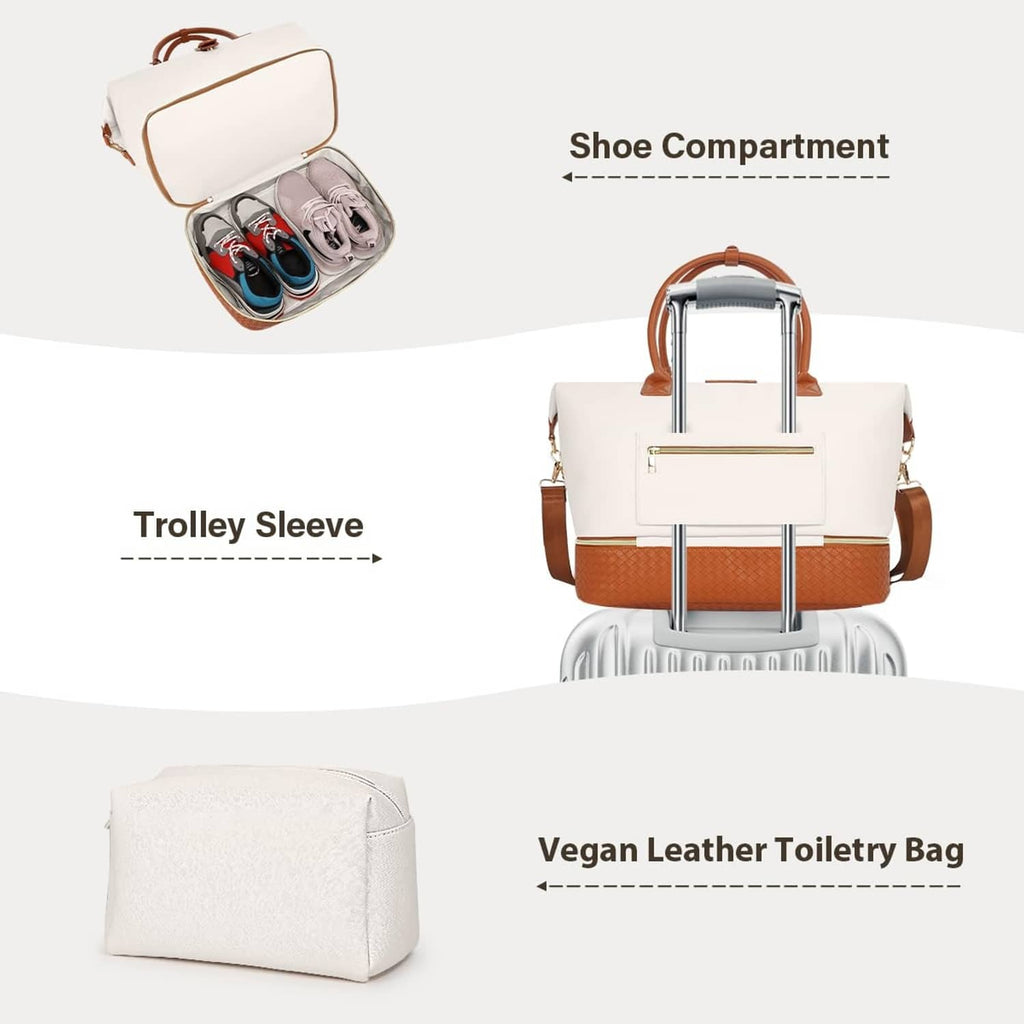 White travel duffel with shoe compartment, trolley sleeve, and matching toiletry bag.