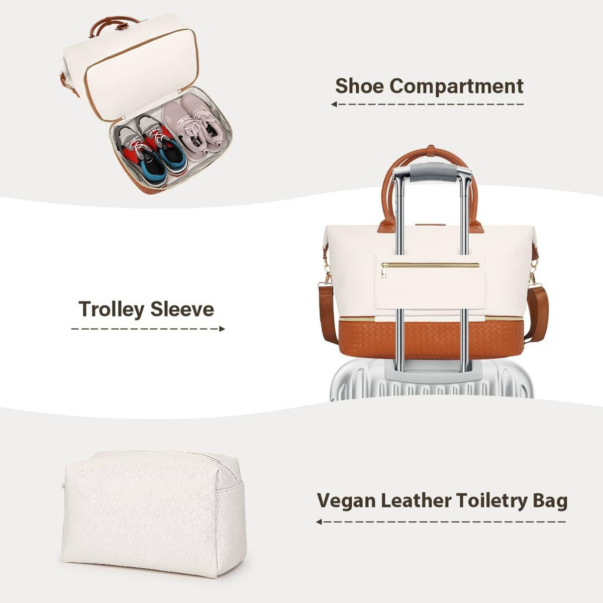 White travel duffel with shoe compartment, trolley sleeve, and matching toiletry bag.