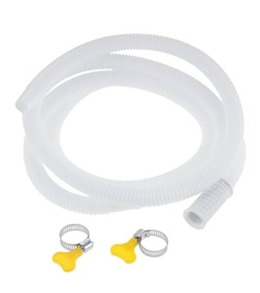 White corrugated drain hose with included metal clamps and yellow tightening handles