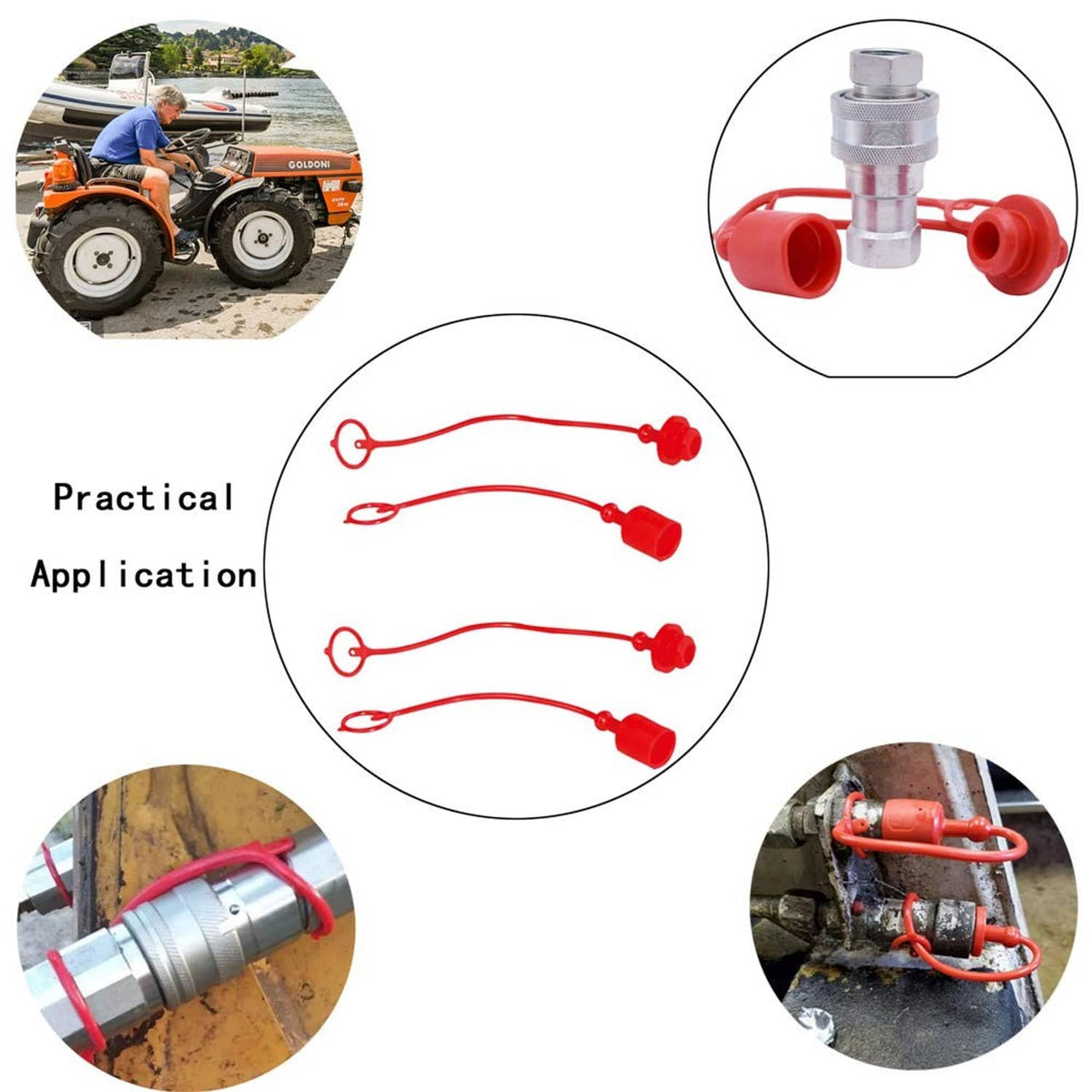 Red hydraulic dust caps with tether loops for quick-coupler protection on equipment