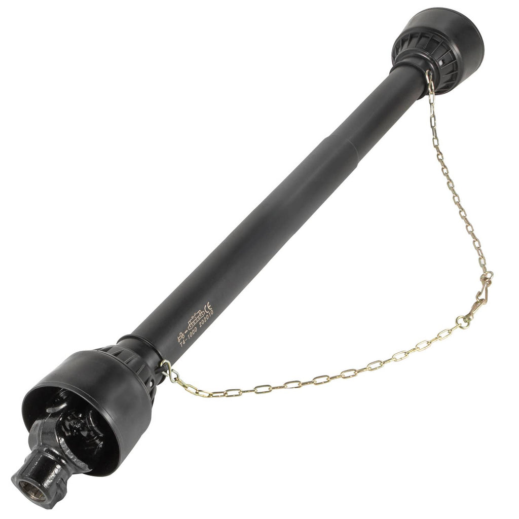 PTO drive shaft with safety chain and universal joint end yokes
