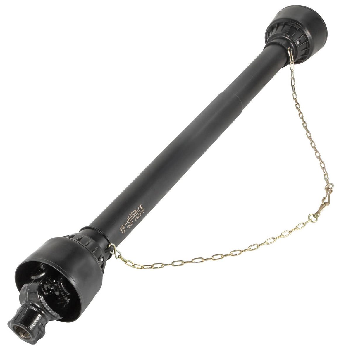 PTO drive shaft with safety chain and universal joint end yokes