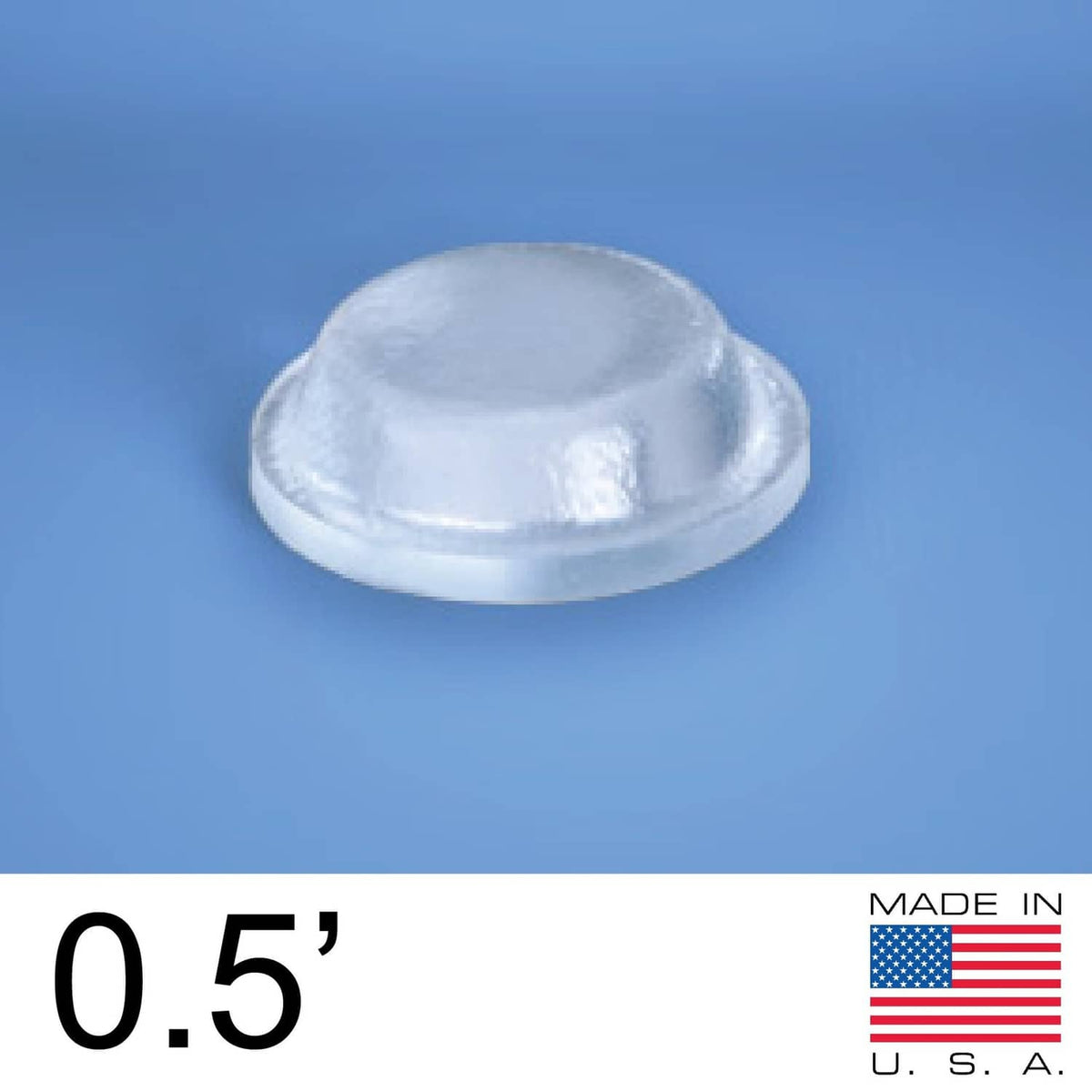 Clear dome-shaped bumper pad for cabinets and drawers, single piece.