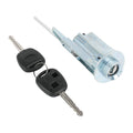 Ignition lock cylinder switch with two keys, black key fobs and silver metal cylinder