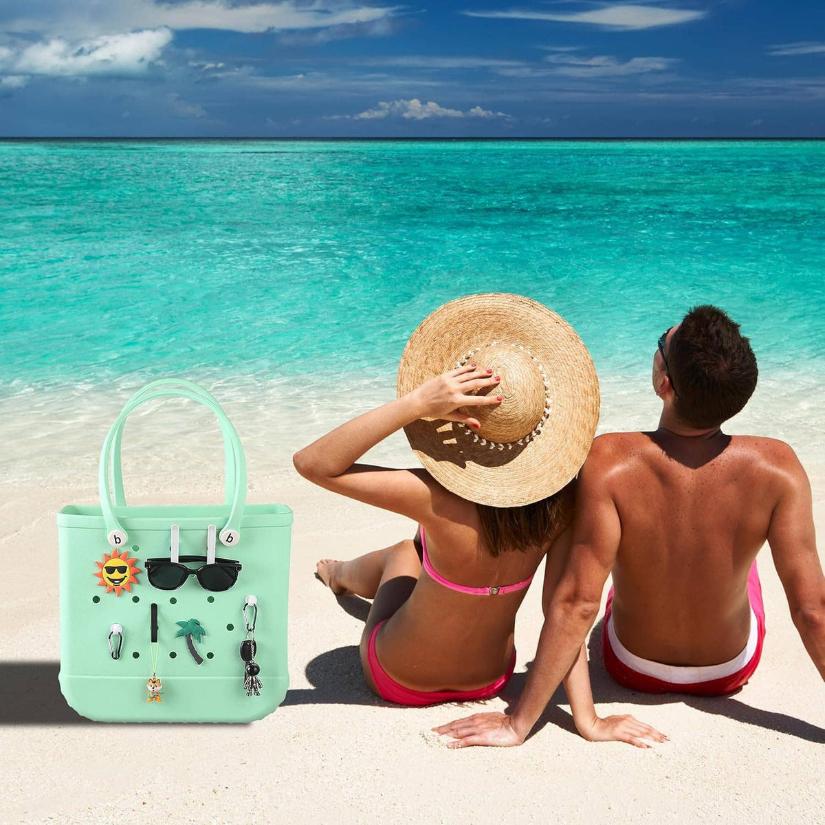 Mint tote bag organizer with hanging hooks holding sunglasses and keys