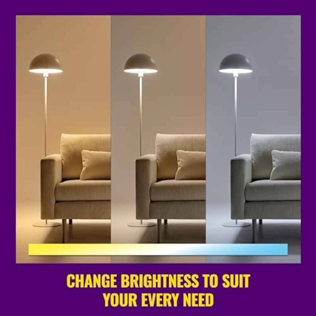 Smart A19 LED bulbs in lamp fixtures, showing multi-color illumination