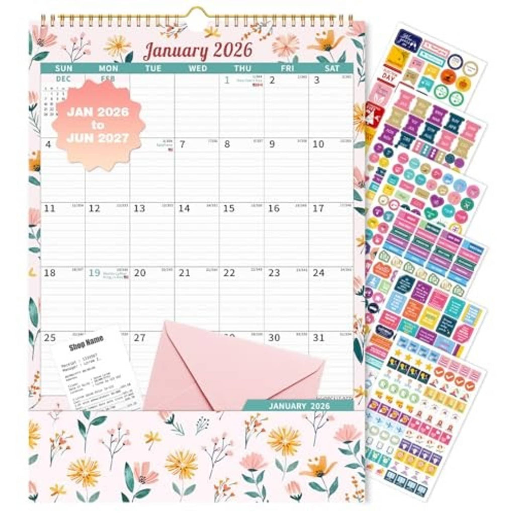 Floral wall calendar 2026–2027, January 2026 monthly layout, spiral binding with stickers