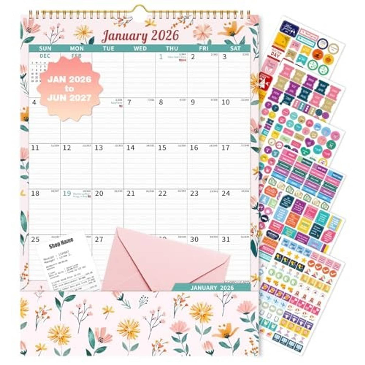 Floral wall calendar 2026–2027, January 2026 monthly layout, spiral binding with stickers