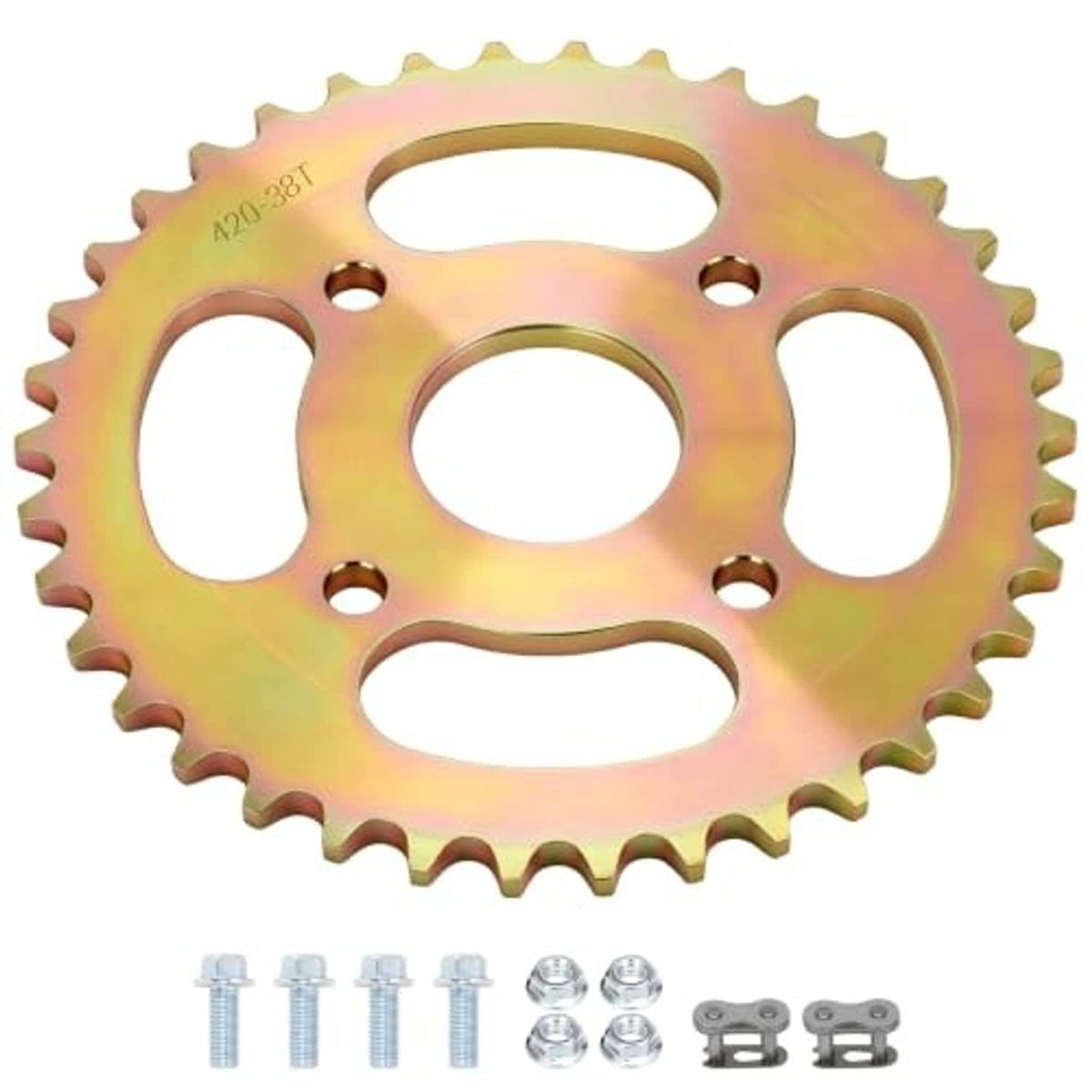 38-tooth rainbow sprocket kit with bolts, nuts, and chain links