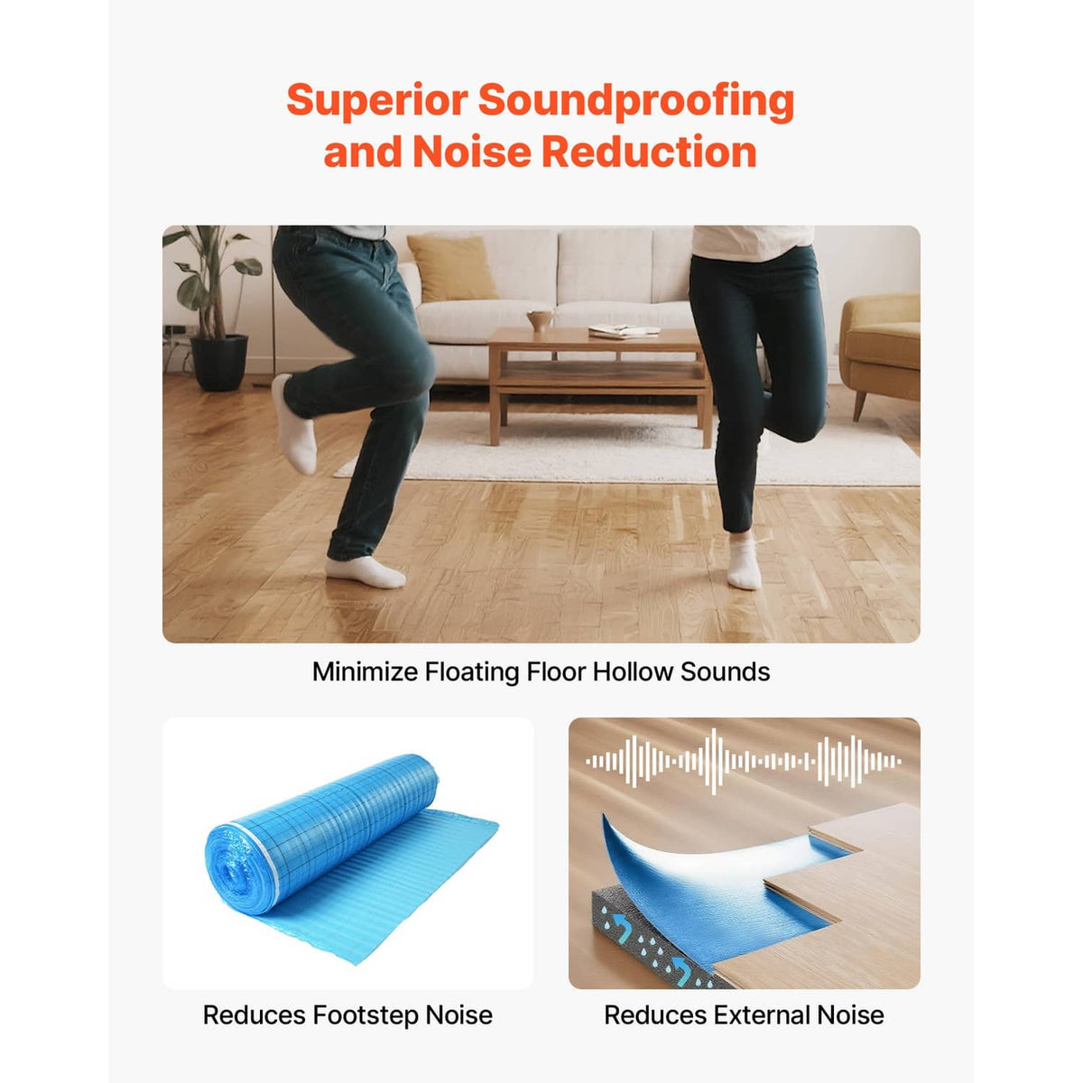 Blue floor underlayment roll shown for soundproofing and reduced noise under flooring